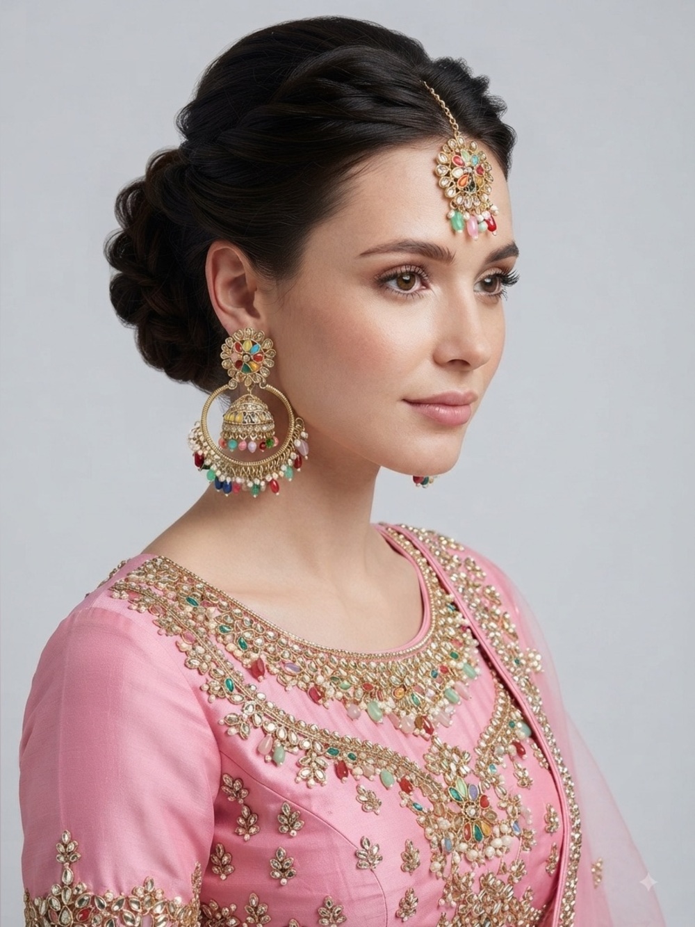 Gold Tone Multicolor Polki Jhumka Earrings Maang Tikka Set